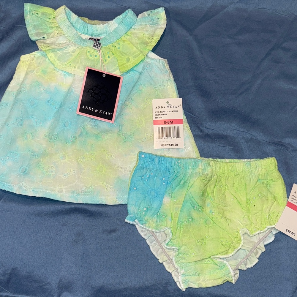 Andy & Evan Blue/Green tie-dye eyelet  2 piece set w diaper cover 3-6M